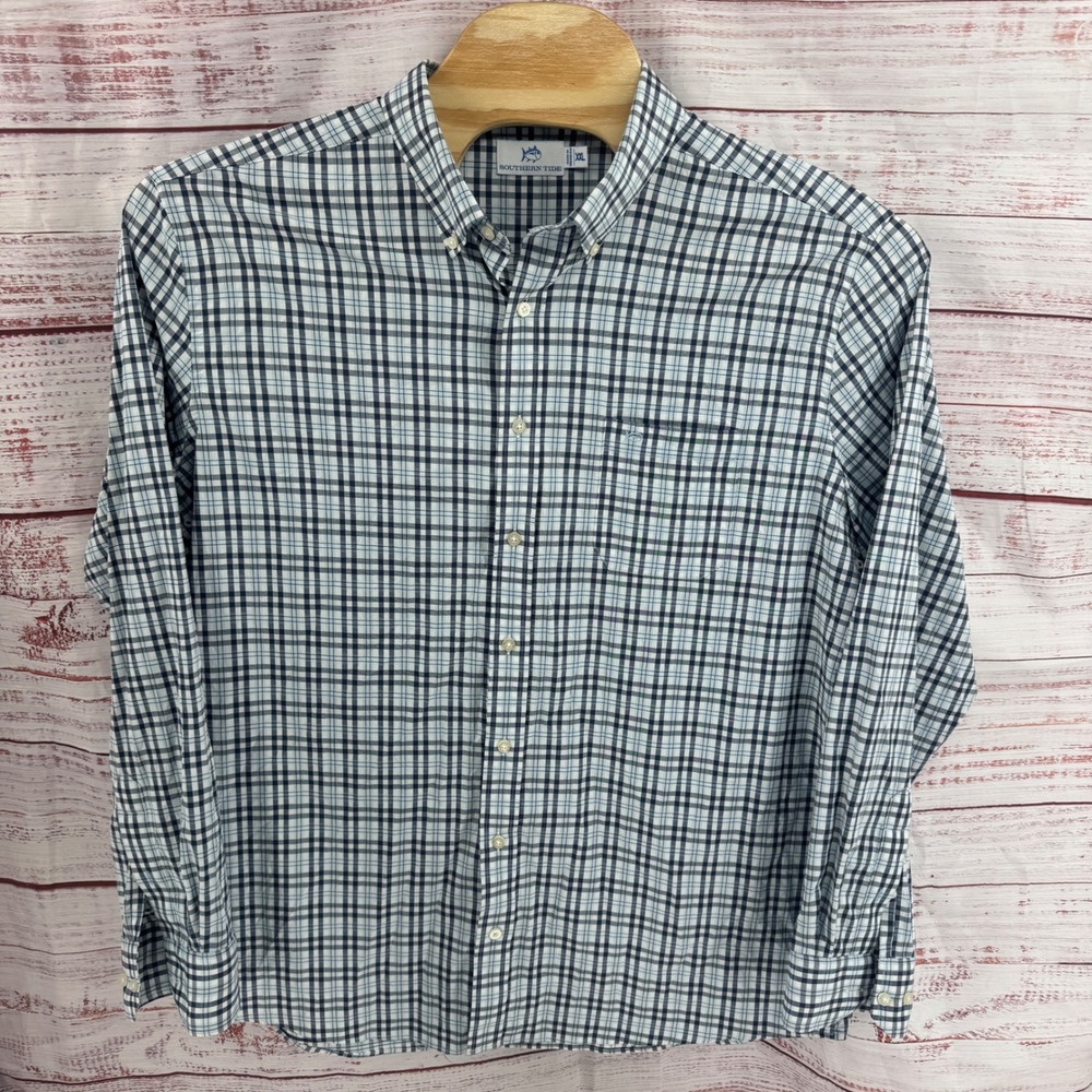 Southern Tide Shirt Mens 2XL Performance Plaid Button Down Navy Blue Stretch